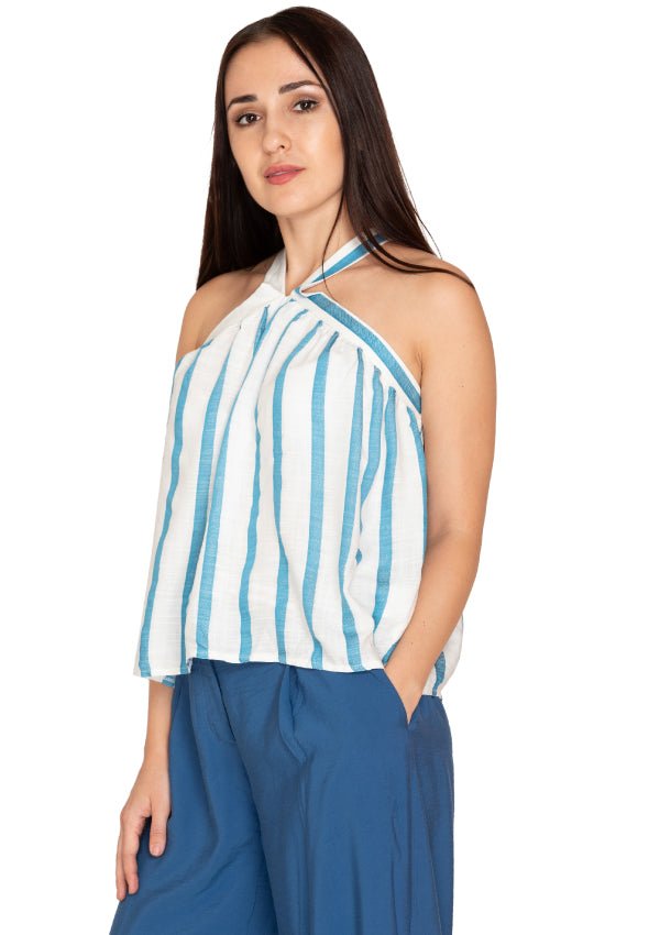 White and blue strip top
